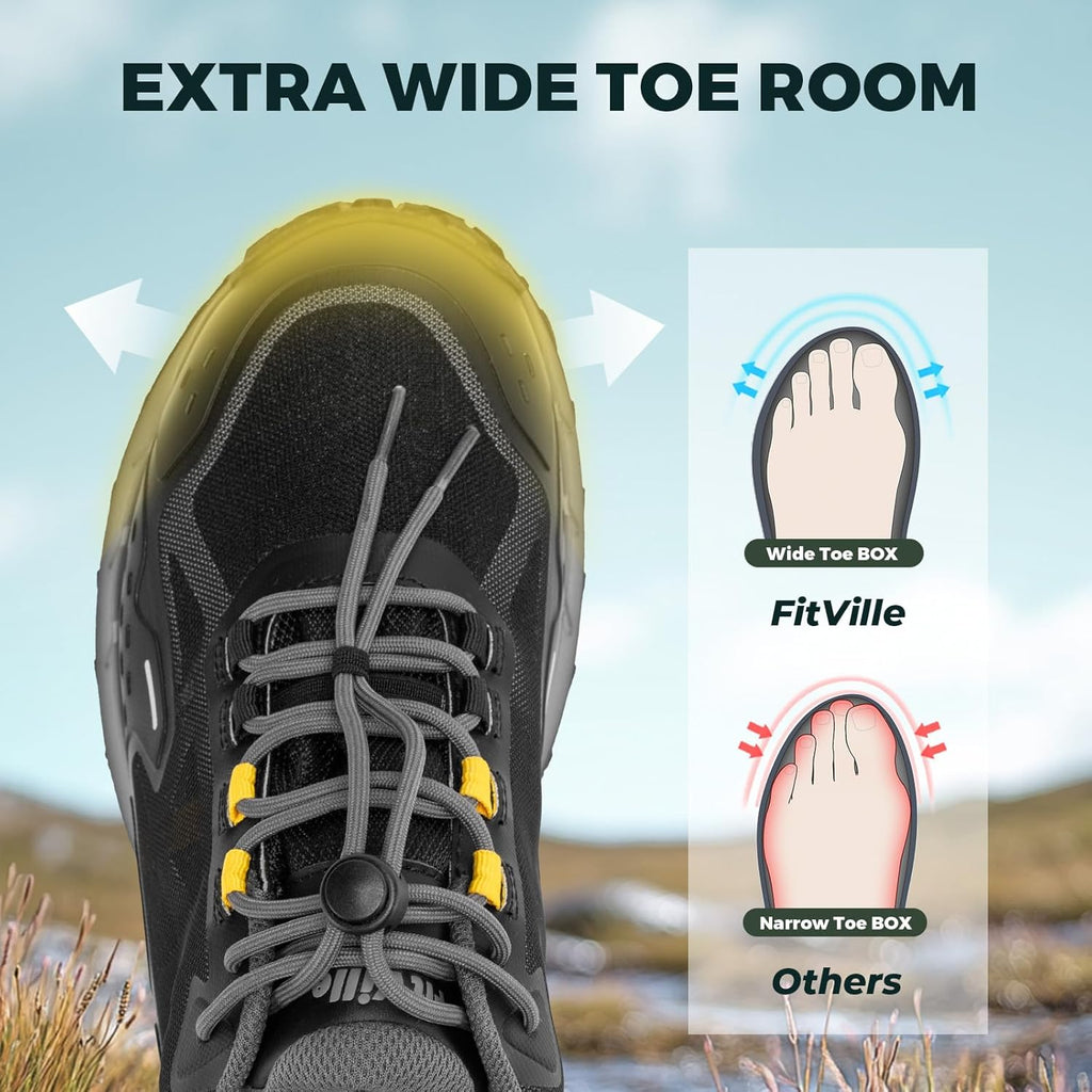 FitVille Men Waterproof Hiking Shoes Extra Wide Walking Shoes Slip-Resistant Trekking Trainers All-Terrain Quick Lace Sneakers for Travel, Camping, Running