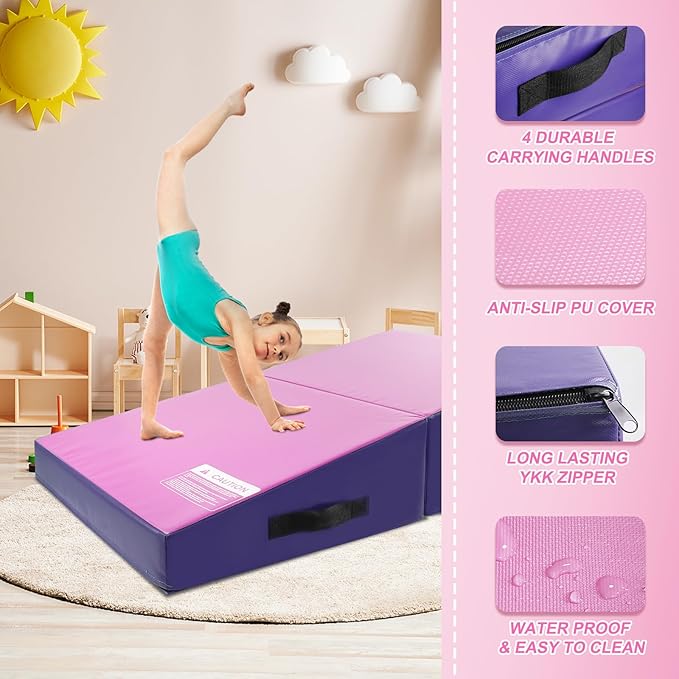Kangaroo Hoppers Incline Gymnastics Mat, 48”x24”x14” / 56"x28"x15" / 34”x24”x13” Folding Wedge for Kids Tumbling, Skill Training, Multiple Colors Cheese Mat for Gymnastics, Home Gym Exercise-FlexoryFit