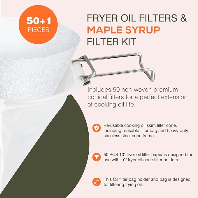 50PCS 10” Fryer Oil Filters, Deep Fryer Oil Cone Filter Filters with Folding Arms to Attach to Deep Fryers, Maple Syrup Grease Filter Cones, for Longer-Lasting Frying Oil & Maple Syrup