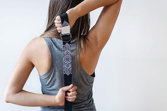 YOGA DESIGN LAB | The Yoga Strap | Luxurious, Extra Long, Super Soft, Eco Printed | Studio Quality, Adjustable | Safely Stretch Further and Hold Longer | 8 ft Long (Mandala Black, 8ft)-FlexoryFit