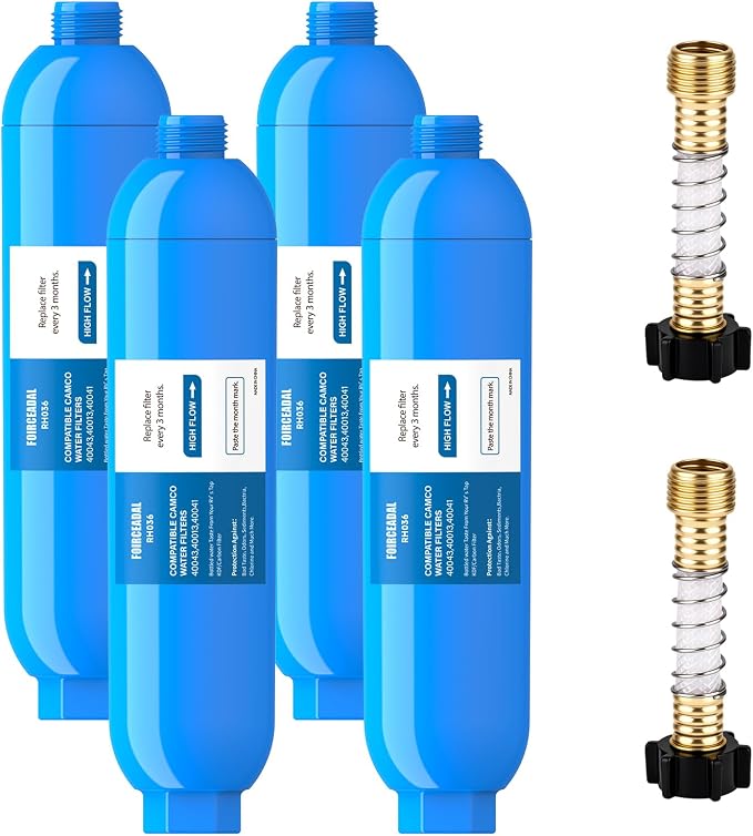 RV Water Filter with 2 Flexible Hose Protector, NSF Certified, 4 Pack Inline by Unknown