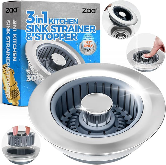 Upgraded 3in1 Kitchen Sink Drain Strainer & Sink Stopper, Stainless Steel Kitchen Drain Plug & Sink Installation Parts with Anti-Clogging Basket, Fit US Standard 3-1/2'' Sink Drain Hole, Silver