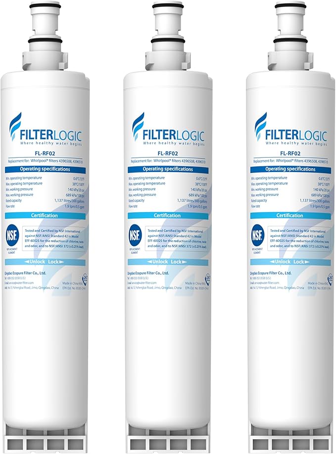 Filterlogic 4396508 Refrigerator Water Filter, Replacement for Whirlpool EDR5RXD1, EveryDrop Filter 5, PUR W10186668, NLC240V, 4396510, 4396508P, 4392857, WF-4396508, Pack of 3