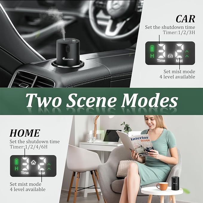 Waterless Diffuser for Essential Oil - Aromatherapy Diffuser for Home with Battery Indicator, Portable Scent Air Machine 1/2/3&Continuous Mist,Timer Function,500Sq.Ft Scent Coverage