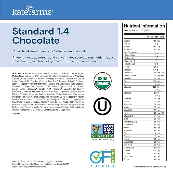 KATE FARMS Organic 1.4 High Calorie Nutrition Shake, Chocolate, 20g Protein, 27 Vitamins and Minerals, Meal Replacement, 11 oz (12 Pack)-FlexoryFit