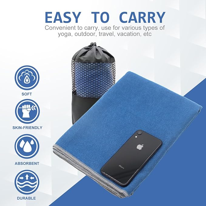 Eunzel Yoga Towel,Hot Yoga Mat Towel with Grip Dots Sweat Absorbent Non-Slip for Hot Yoga, Pilates and Workout 24" x72", Steel Blue-FlexoryFit