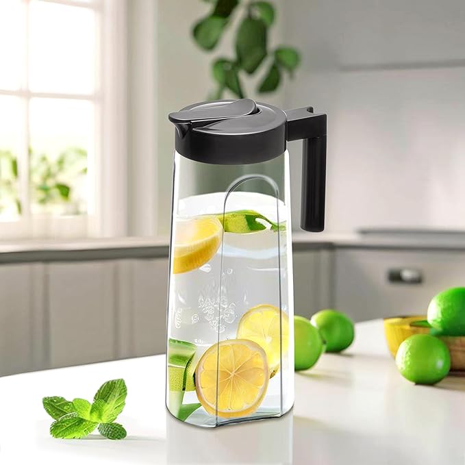 Amazing Abby - Slim - 2-Pack Tritan Pitcher (64 oz), Unbreakable Plastic Water Pitcher with Lid, BPA-Free, Heat-Resistant, Dishwasher-Safe, Great for Both Iced and Hot Drinks, Black