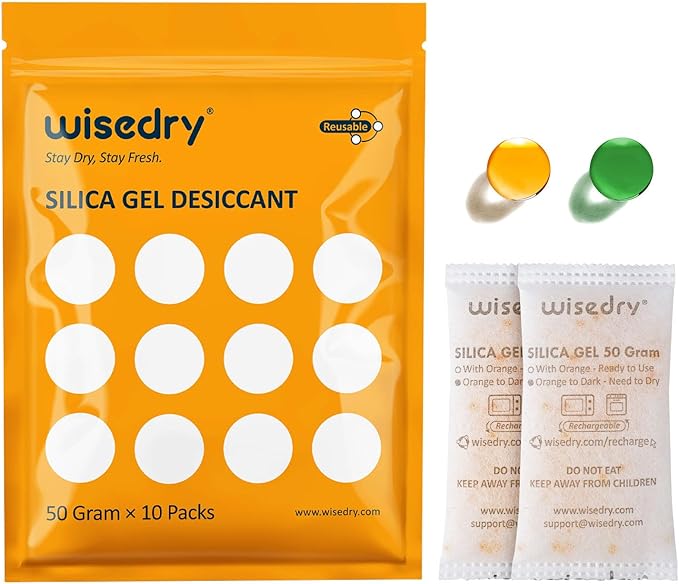 wisedry 50 Gram [10 Packs] Silica Gel Packets Microwave Fast Reactivate Desiccan Packs with Indicating Beads
