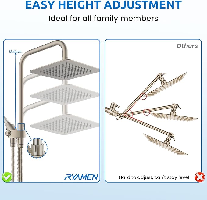 8" Dual Shower Head Combo, Rainfall Shower Head with Handheld, 6 Spray Settings Angle Adjustable Handheld Shower Head with Pause, Height Adjustable, Brushed Nickel