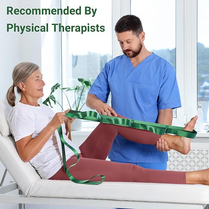 Stretch Strap With Loops For Physical Therapy, Yoga Straps For Stretching With Loops, Non-elastic Leg Straps For Knee Rehab, 8 ft Long x 1.2 inch Wide-FlexoryFit