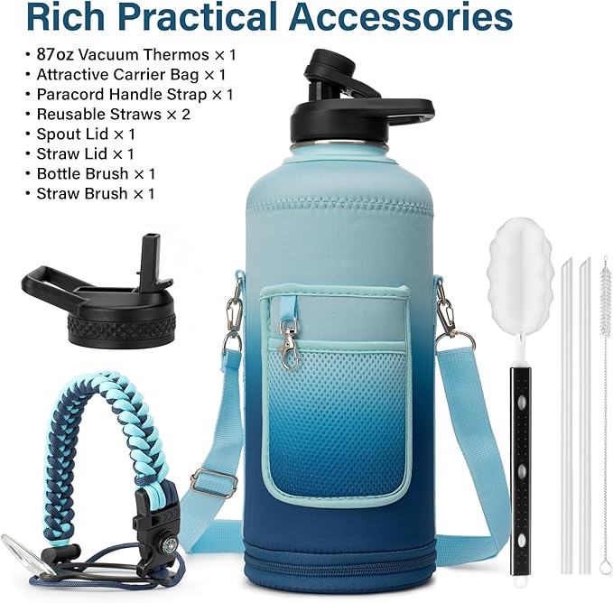 Insulated Water Bottle | Thickened Stainless Steel for Gym and Hiking with Straw, Carrier Bag, Handle Strap | BPA-Free 87 oz-FlexoryFit