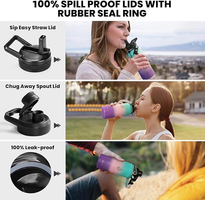 Insulated Water Bottle 32 oz, Triple Wall Vacuum Stainless Steel (Cold for 48 Hrs), Leak Proof & Non-BPA, Modern Water Flask Jug with Paracord Handle & Straw Spout Lids, Hydrangea-FlexoryFit
