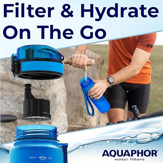 Nakii Filtered Water Bottle, Leakproof, BPA-Free, Motivational Markings, Travel, Everyday Use. 40-Gallon Filter, Replaces 300 Plastic Water Bottles. Includes 1 Filter, 22 FL Oz, Blue by Aquaphor