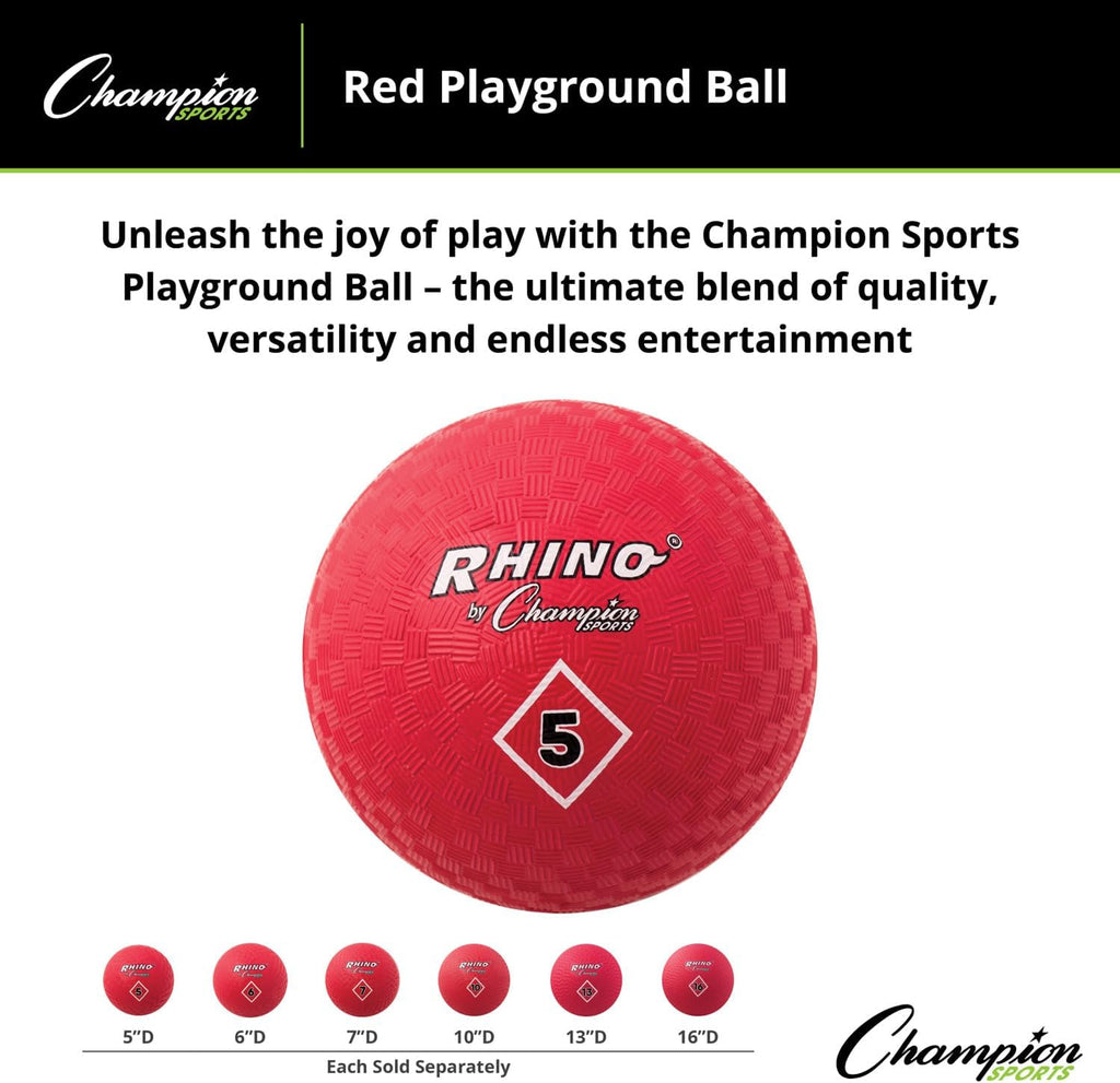 Champion Sports Playground Ball – High-Bounce 2-Ply Construction, Durable Red Ball for Throwing, Catching & Kicking - Multiple Sizes (5", 6", 7", 10", 13", 16")