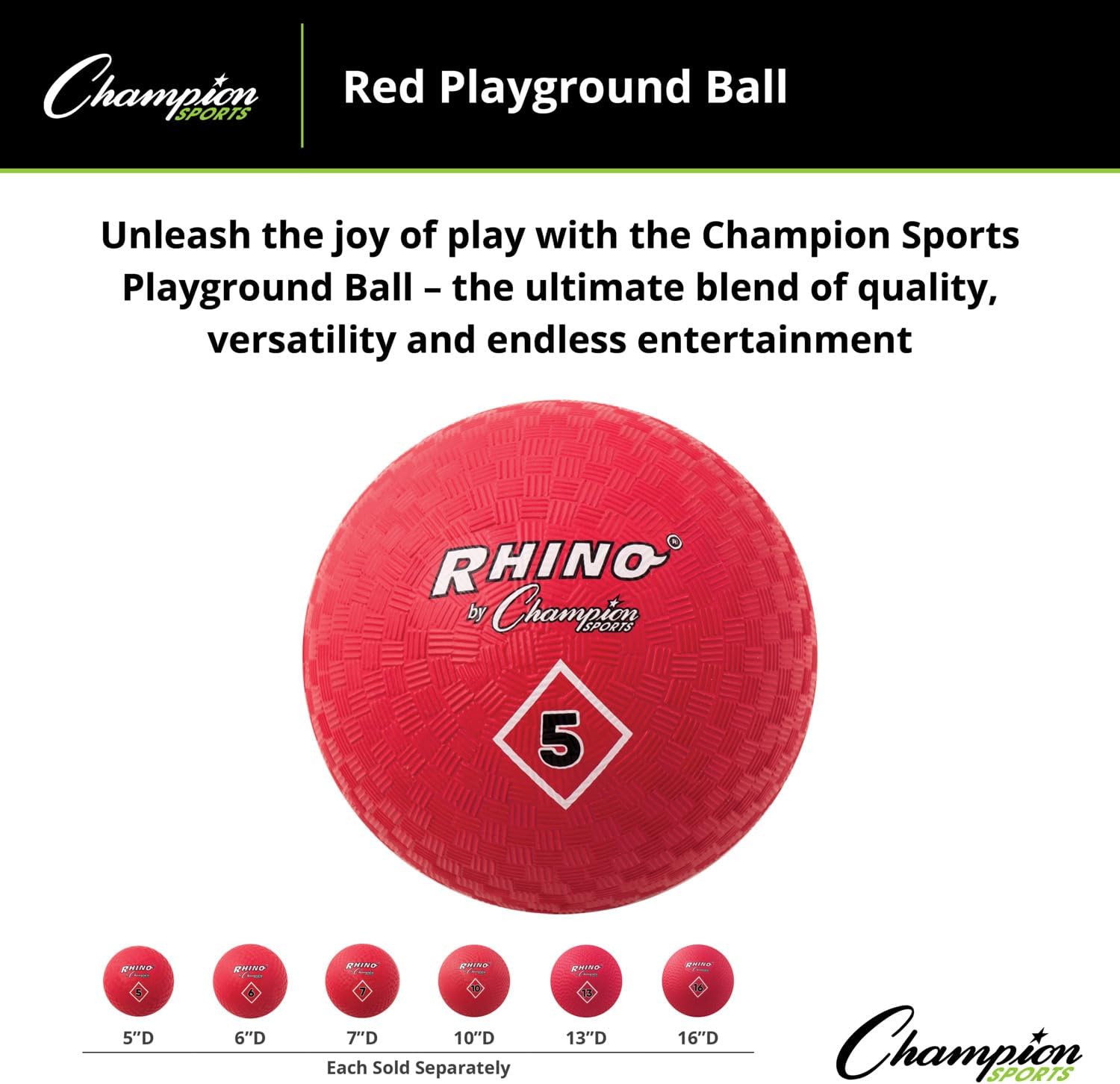 Champion Sports Playground Ball – High-Bounce 2-Ply Construction, Durable Red Ball for Throwing, Catching & Kicking - Multiple Sizes (5", 6", 7", 10", 13", 16")