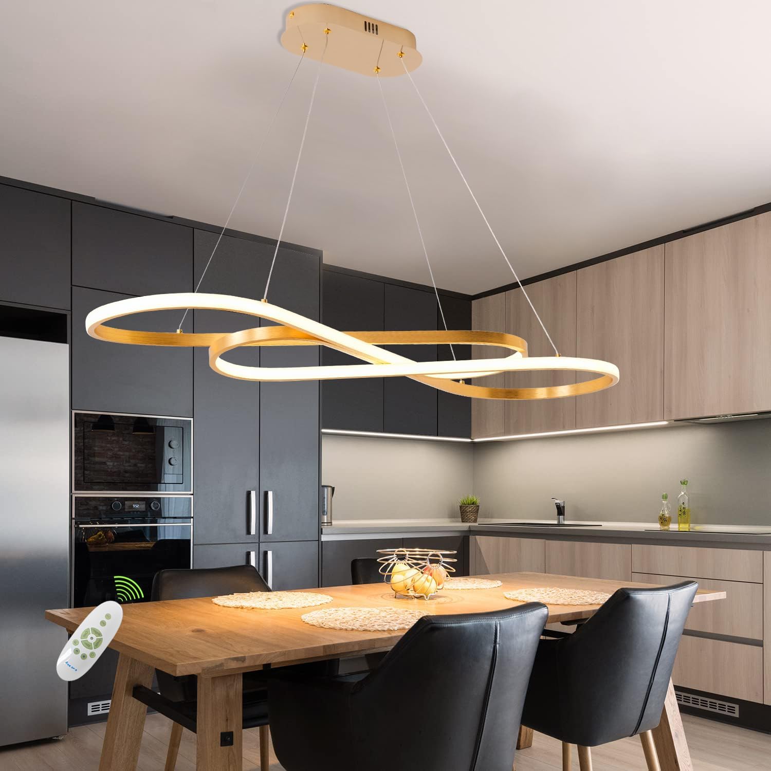 Gold Led Chandelier for Kitchen Island Lighting,Dimmable Modern Chandelier for Dining Room, L39.4" Modern Led Pendant Light Fixture Height Adjustable Brushed Gold Dining Room Light Fixture Over Table