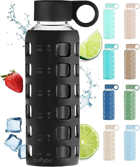 purifyou 40oz / 32oz / 22oz / 12oz Borosilicate Glass Water Bottle with Time & Volume Markers, Silicone Sleeve, Stainless Steel Lid | Reusable Glass Bottle for Water & Juice (12oz Jet Black)