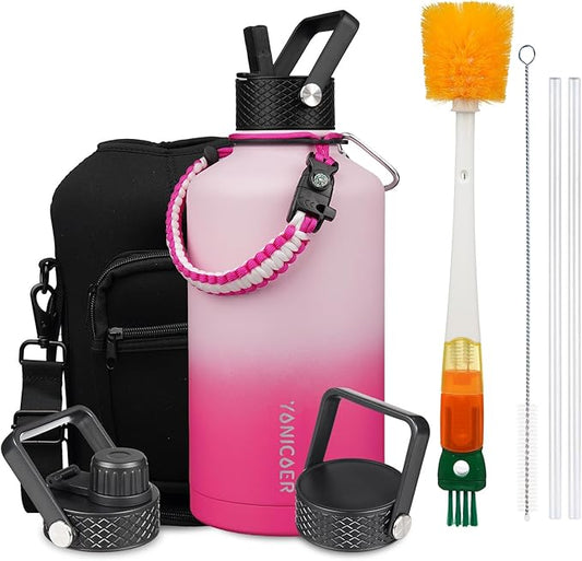 Insulated Water Bottle 64oz,Triple Wall Vacuum Stainless Steel(Dishwasher Safe),Leak Proof & Non-BPA,Flask Jug with Paracord Handle & Straw Spout Lids Sports-FlexoryFit