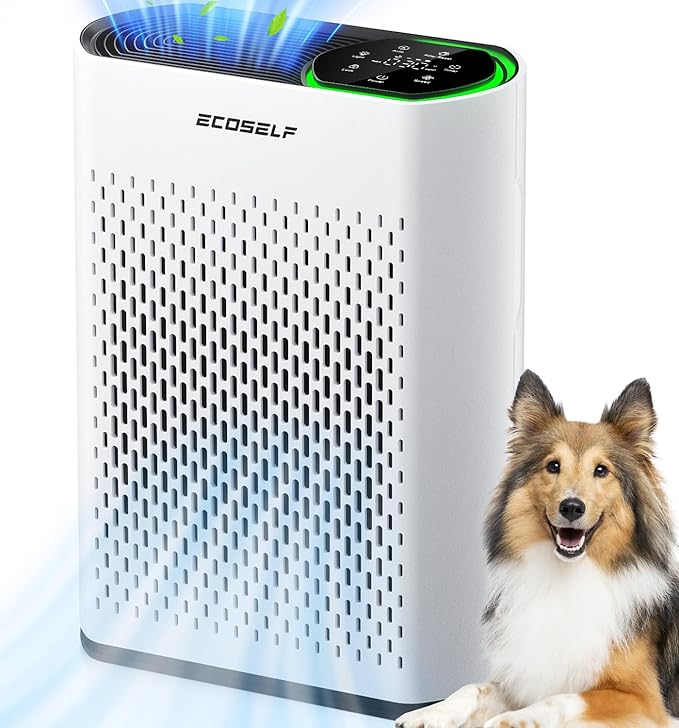 Powerful Air Purifiers for Home Large Room Up to 2400 Ft², ECOSELF HEPA Air Purifier with PM 2.5 Air Quality Display 20dB Sleep Mode, Air Purifiers for Bedroom Office Living Room HAP602 White
