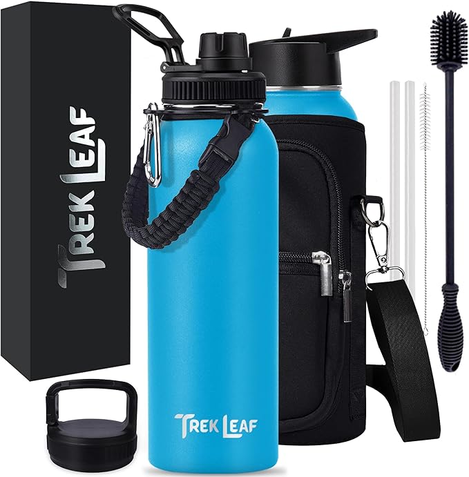 Travel Water Bottle with Carrying Bag, 3 Lids (Spout, Straw, Handle), and Bottle Brush; Leak Proof, Quality, Vacuum Insulated, Stainless Steel (Ocean Blue, 40 oz)