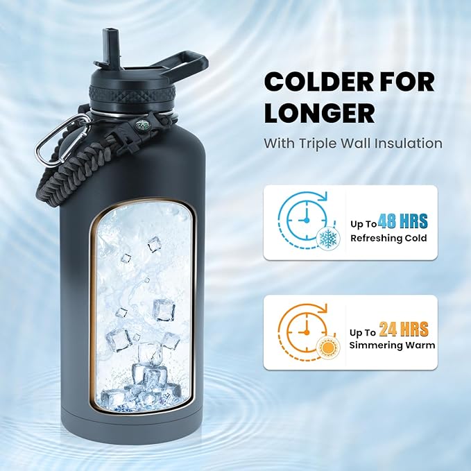 Insulated Water Bottle 87 oz, Triple Wall Vacuum Stainless Steel (Cold for 48 Hrs), Leak Proof & Non-BPA, Modern Water Flask Jug with Paracord Handle & Straw Spout Lids, Dark Grey-FlexoryFit