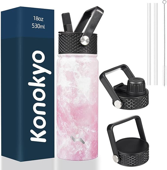 18 oz Insulated Water Bottle Stainless Steel Sport Bottles with 3 Lids,Marble Blossom-FlexoryFit