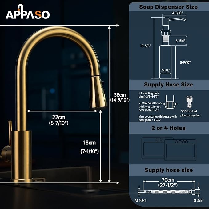 APPASO Gold Kitchen Faucet with Soap Dispenser, Brushed Gold Kitchen Sink Faucet with Pull Down Sprayer, Modern High Arch Single Handle Sink Faucet for Kitchen, 3 Modes