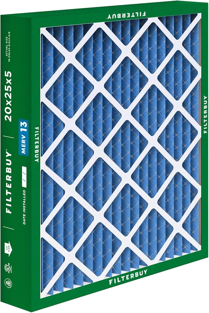 Filterbuy 20x25x5 Air Filter MERV 13 Optimal Defense (2-Pack), Pleated HVAC AC Furnace Air Filters for Honeywell FC100A1037, Lennox X6673, Carrier, & More (Actual Size: 19.88 x 24.75 x 4.38 Inches)