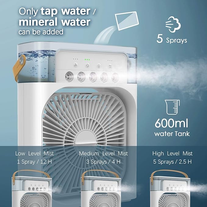 Portable Air Conditioner Fan, Mini Evaporative Air Cooler with 7 Colors LED Light, 1/2/3 H Timer, 3 Wind Speeds and 3 Spray Modes for Your Desk, Nightstand, or Coffee Table