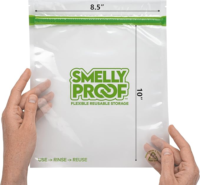 Smelly Proof Reusable Food Storage Bags Designed & MFG, USA MADE, Dishwasher-Safe, Easy-To-Clean, BPA FREE, NO PEVA, Clear FLAT Large 3-mil Thick, 8.5" x 10", Quart Size Bags, 10-Pack