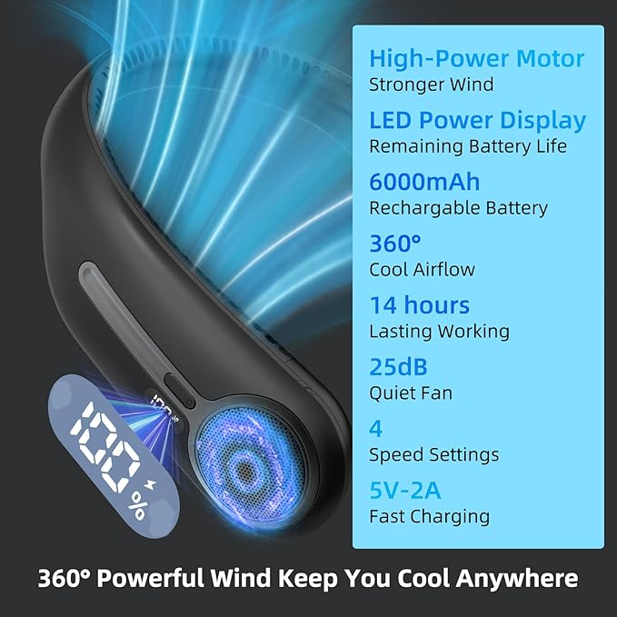 Portable Neck Fan,Hands Free Personal Wearable Bladeless Fan,6000mAh USB Rechargeable,360° Cooling,LED Display,4-Speeds,Birthday Gifts for Men Women Dad Mom,Outdoor Indoor Travel Camping (Black)