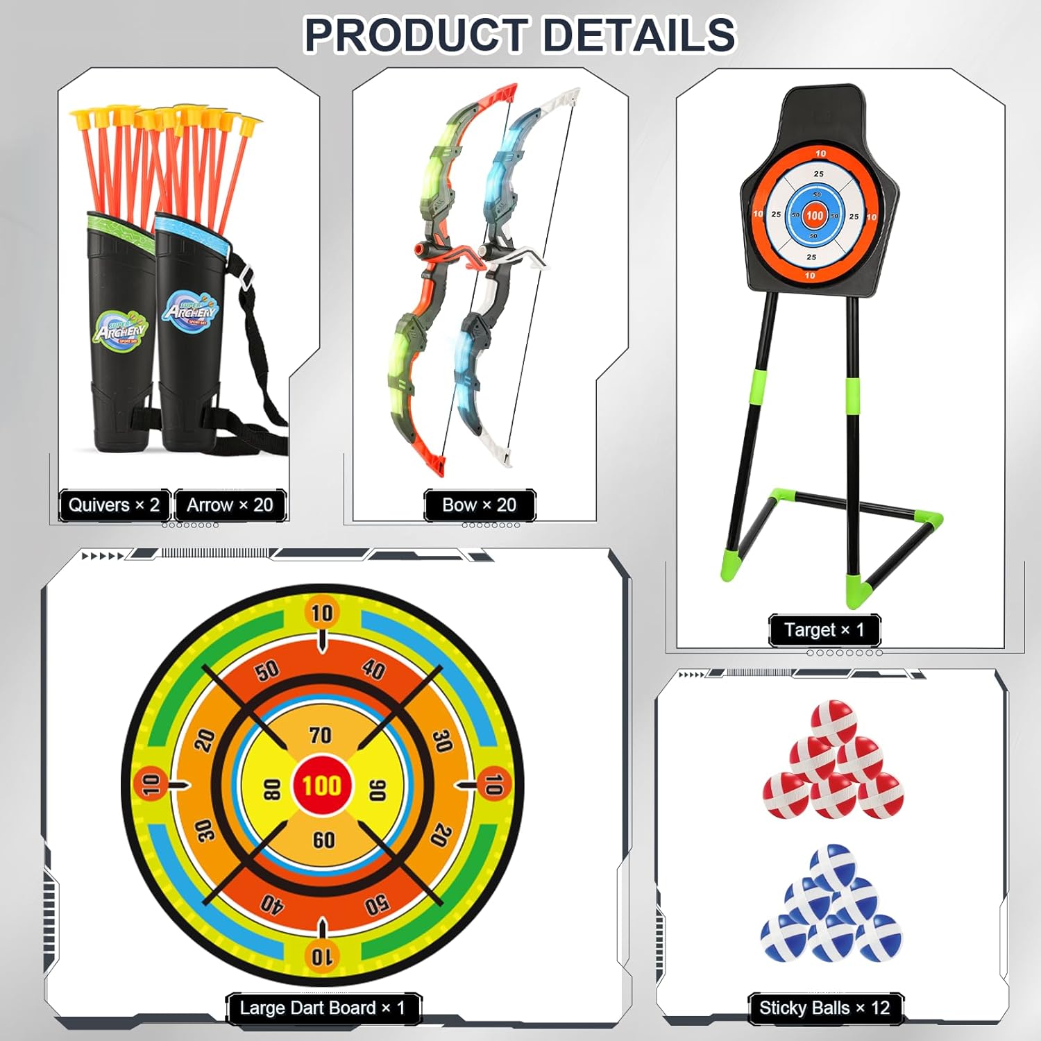2 Pack Bow and Arrow Set with 29in Large Dart Board, LED Light Up Archery Set for Kids with 20 Suction Cup Arrows&12 Sticky Balls Standing Target Indoor Outdoor Toys Must Have for Boys Girls 3-12 yo