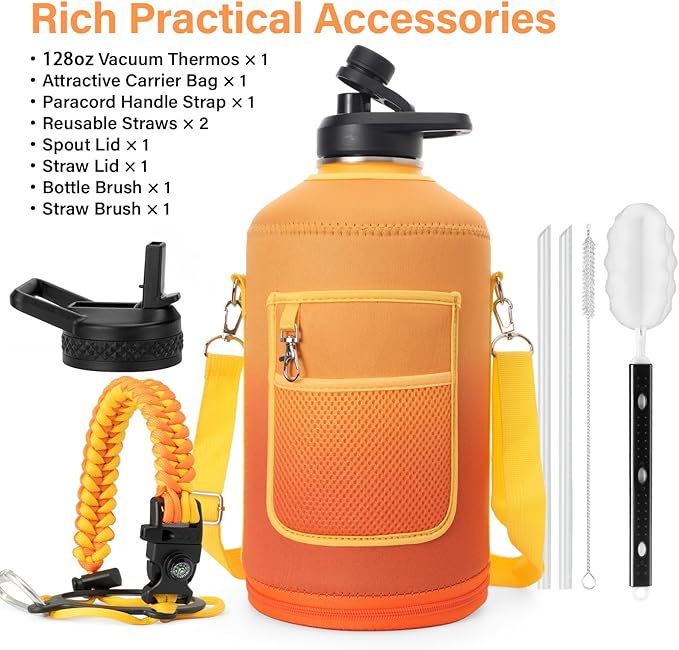 1 Gallon Water Bottle Insulated | Thickened Stainless Steel Vacuum Metal Water Jug | Portable Sports Large for Gym and Hiking with Straw, Carrier Bag, Handle Strap | BPA-Free 128 oz-FlexoryFit