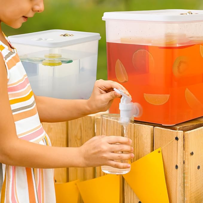 Domensi 2 Pack 2 Gallon Drink Dispenser for Fridge with Spigot Water Dispenser Leak Proof Lids Filter Screen Beverage Juice Container Sealed Plastic Lemonade Milk Cold Hot Drink Tea Jug for Party