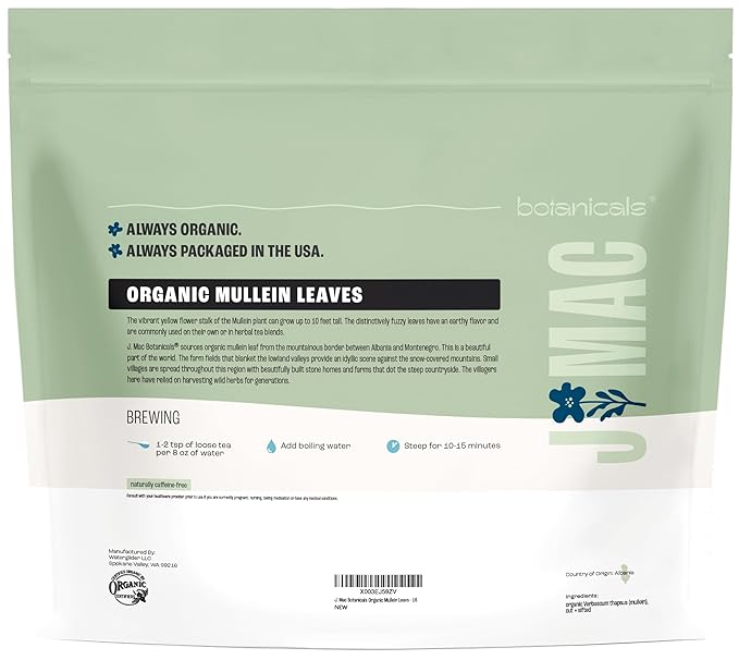 J Mac Botanicals Organic Mullein Leaves (16 oz) Certified USDA Organic. Loose Leaf Mullein Herbal Tea-FlexoryFit