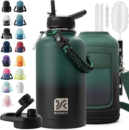Insulated Water Bottle | Thickened Stainless Steel Vacuum Metal | Portable Sports Half Gallon Large Water Jug for Gym and Hiking with Straw, Carrier Bag, Handle Strap | BPA-Free 64 oz-FlexoryFit