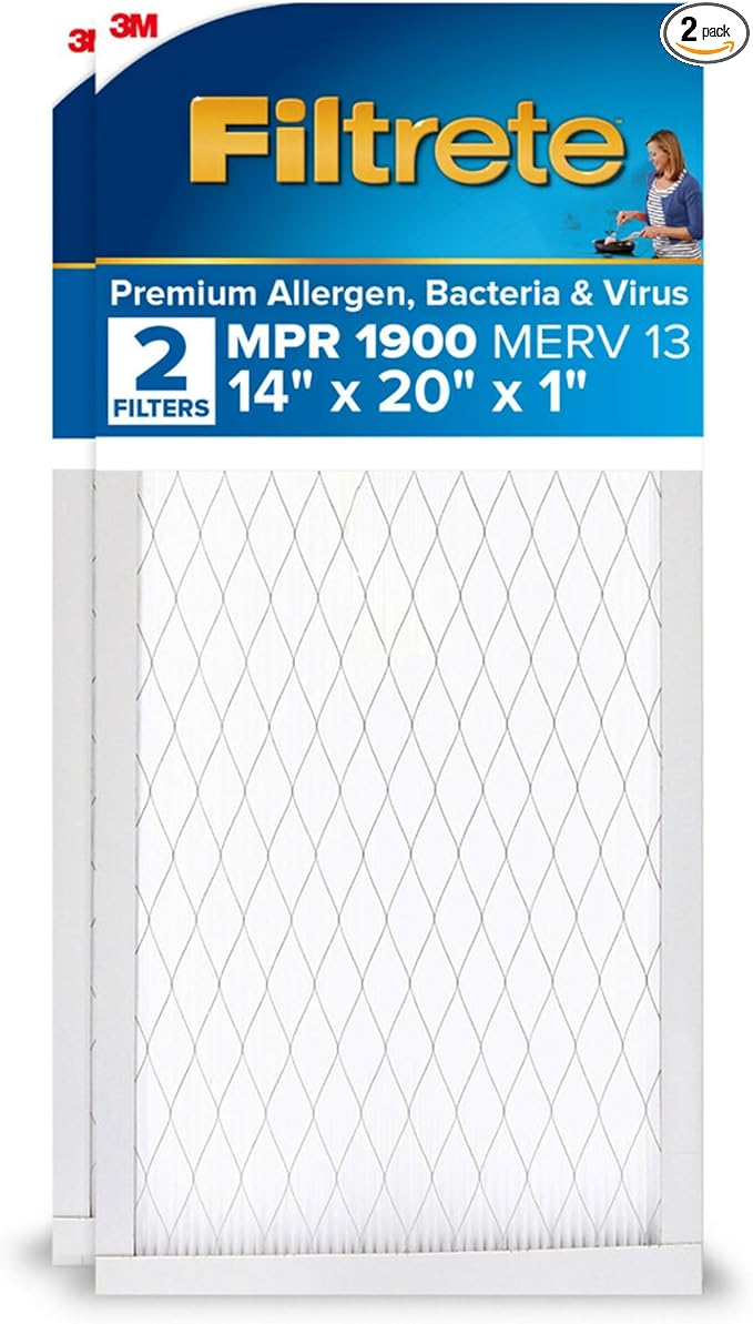 Filtrete 14x20x1 AC Furnace Air Filter, MERV 13, MPR 1900, Premium Allergen, Bacteria & Virus Filter, 3-Month Pleated 1-Inch Electrostatic Air Cleaning Filter, 2-Pack (Actual Size 13.81x19.81x0.78 in)