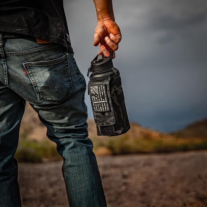 Iron Infidel Battle Bottle - 32 Oz Insulated Water Bottle with Straw Lid & Chug Cap, Stainless Steel Metal Tactical Flask With Rugged, Removable Sleeve for Keys & Phone or Wallet (Black Camo 1 Liter)-FlexoryFit