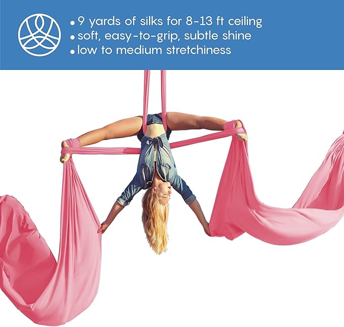 Aerial Silks Starter Kit - Durable 9 Yards of Aerial Yoga Hammock with Hardware & Guide - Aerial Swing for Acrobatic Flying Yoga & All Levels (Aerial Rigging Point Up to 13ft)-FlexoryFit
