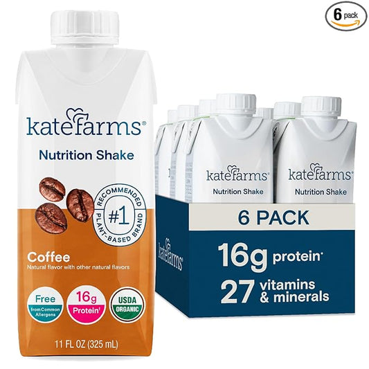 KATE FARMS Organic Nutrition Shake, Coffee, 16g protein, 27 Vitamins and Minerals, Protein Meal Replacement Drink, Plant Based, 11 oz (6 Pack)-FlexoryFit