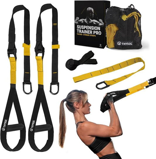 THYSOL® Resistance Trainer Pro Xtreme Straps Army | Sling Trainer Set with Adjustable Door Anchor | Fitness Home Workouts - Suitable for Travelling & for Training Indoor & Outdoor (Yellow)-FlexoryFit