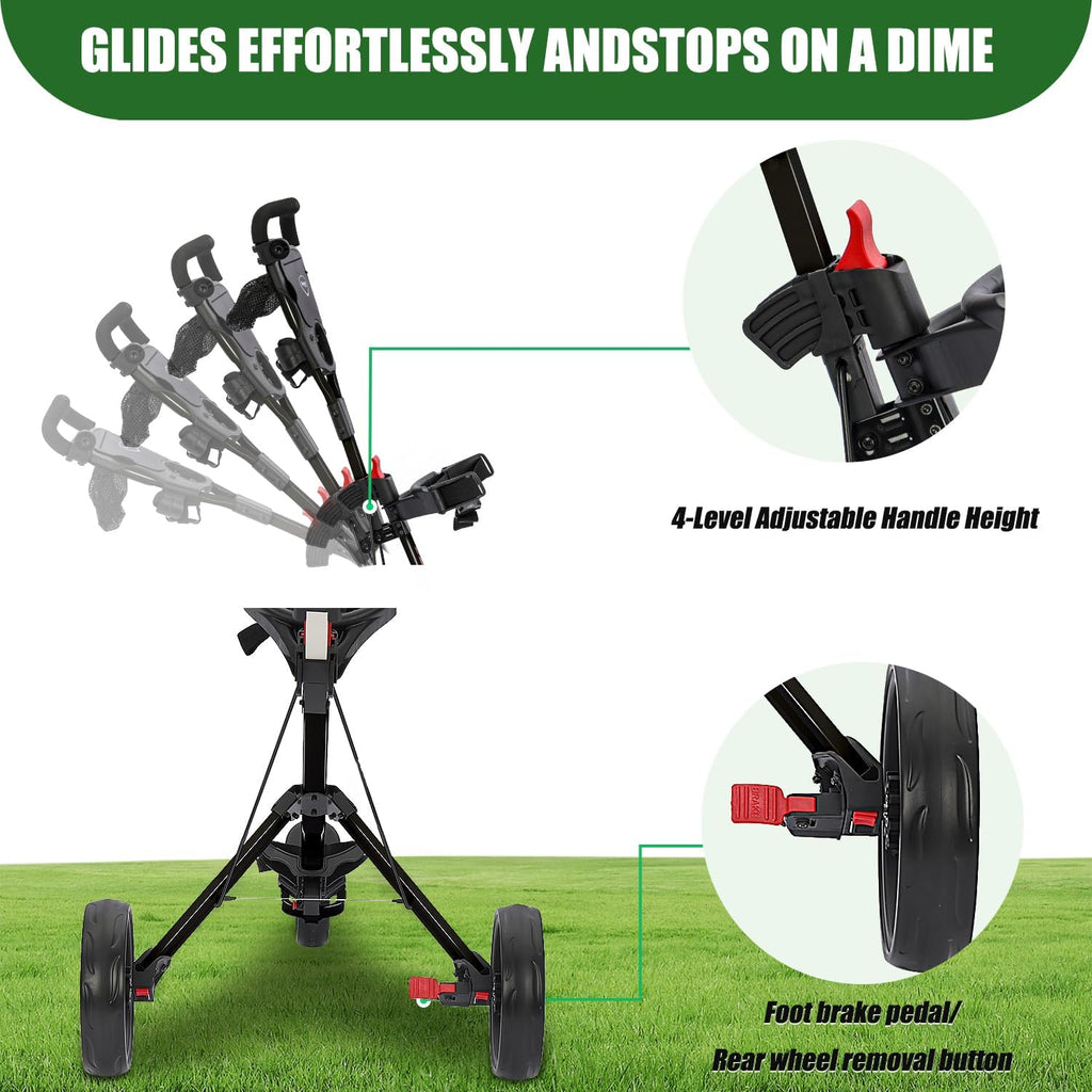 GC27 3 Wheel Golf Trolley, Golf Trolleys Folding Lightweight Golf Bag Pull Cart,Golf Cart for Golf Clubs and Golf Bag with Cup Holder Scorecard Holder/Storage Compartment