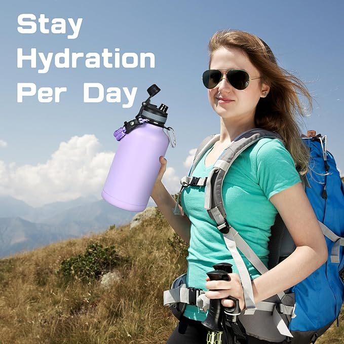 Insulated Water Bottle 64 oz, Half Gallon Water Jug Cold 48H, BPA Free Stainless Steel Bottles with Straw/Chug 2-in-1 Lid, Bag, Paracord Handle, Silicone Boot, Sports Gym School Metal Flask-FlexoryFit