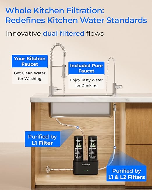 Waterdrop DLG-L Under Sink Water Filter System, 𝐈𝐧𝐧𝐨𝐯𝐚𝐭𝐢𝐯𝐞 𝐃𝐮𝐚𝐥 𝐅𝐢𝐥𝐭𝐞𝐫𝐞𝐝 𝐅𝐥𝐨𝐰𝐬, Reduces Lead Chlorine Chloramine Bad Taste, with Separate Faucet, Life Indicator
