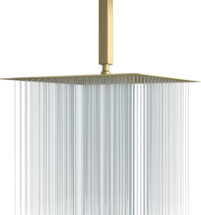 Lordear Gold Rain Shower Head 16 Inch Square Rainfall High Pressure Stainless Steel Rainfall Shower Head 360° Rotation Shower Head Waterfall Showerhead with Silicone Nozzle
