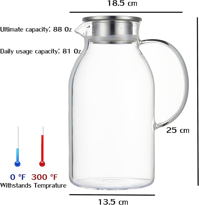 Karafu 81 Ounces/2.4 Liter Glass Pitcher with Lid, Heat-resistant Water Jug for Hot/Cold Water, Ice Tea and Juice Beverage