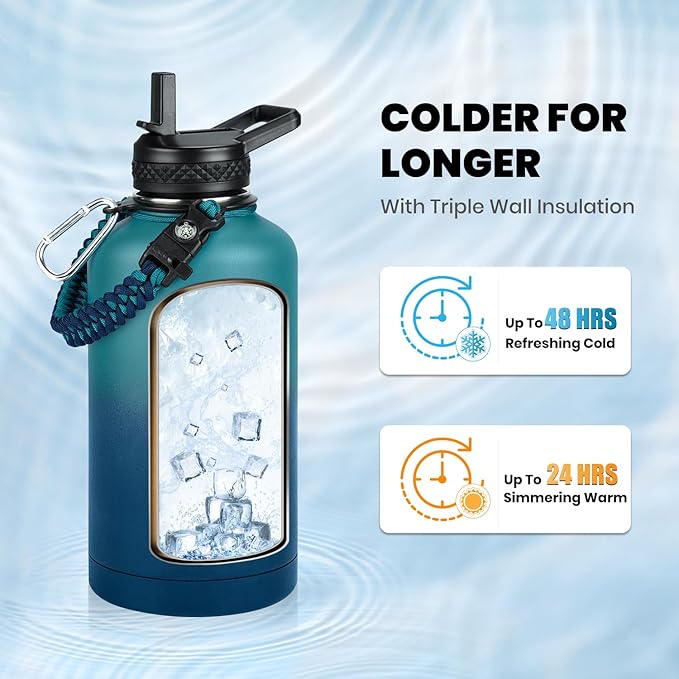 Insulated Water Bottle 64 oz, Triple Wall Vacuum Stainless Steel (Cold for 48 Hrs), Leak Proof & Non-BPA, Half Gallon Water Flask Jug with Paracord Handle & Straw Spout Lids, Cyan Blue-FlexoryFit