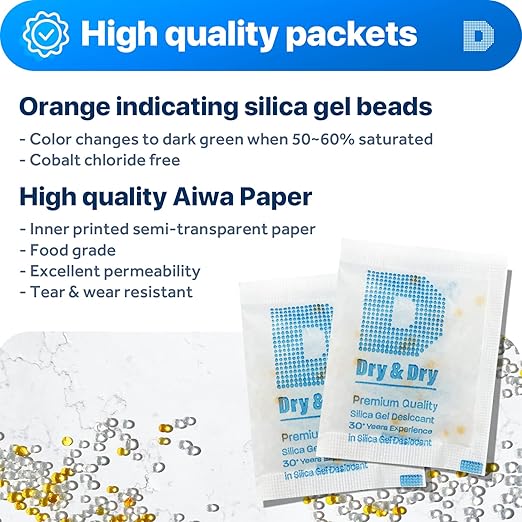 Dry & Dry 10 Gram [200 Packets] Orange Indicating Silica Gel Packets Desiccants - Food Safe Silica Packs, Silica Gel, Silica Packets, Desiccant Packs for Food Storage