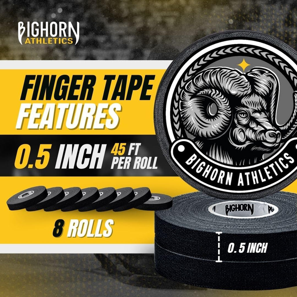 Bighorn Athletics Jiu Jitsu Finger Tape, Rock Climbing Tape | Multipurpose for Sports & Injuries: MMA, Volleyball, Football, Basketball, Tennis, Golf, Hands & Toes, 0.5-Inch x 45-feet, 8-Rolls, Black