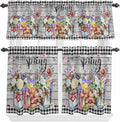 Spring Flowers Kitchen Curtain Set, Farmhouse Black Plaid Wood Grain Window by Unknown